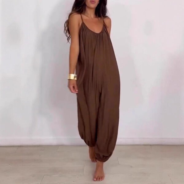 Relaxed Fit Solid Color Jumpsuit with Spaghetti Straps and Hollow Detailing
