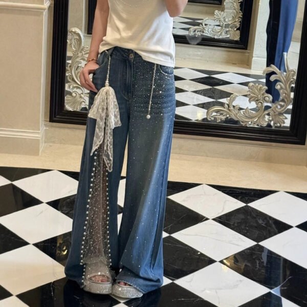 Women's Denim Jeans with Rhinestone Bling and Lace Details