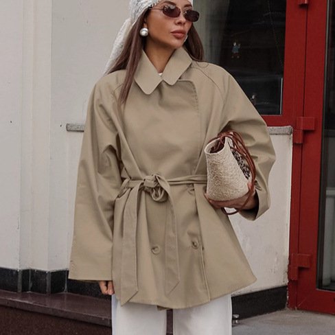 Women's Khaki Trench Coat – Long Sleeve Workwear with Lace-Up Waist