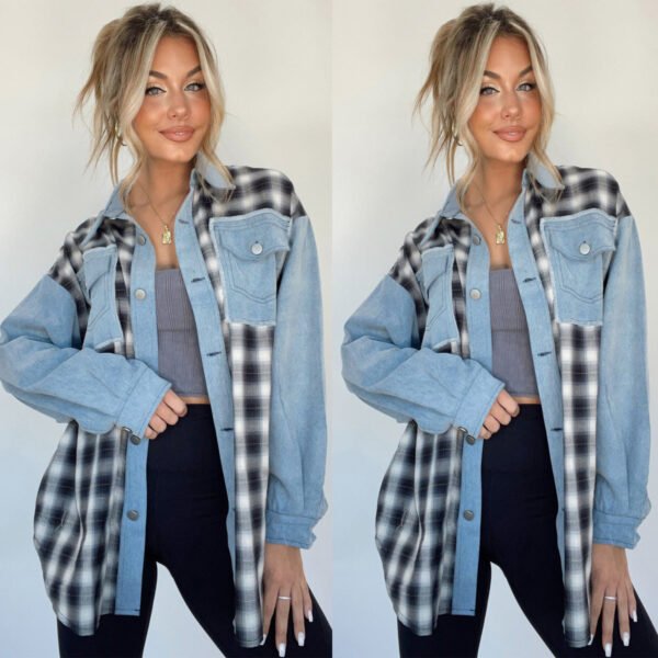 Women's Casual Plaid Patchwork Coat with Denim Stitching – Loose Fit