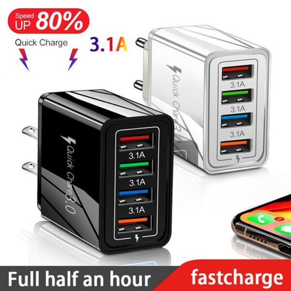 Fast USB Wall Charger with Quick Charge 3.0 – 4-Port Mobile Charger Adapter for Phones, Tablets, and Other Devices