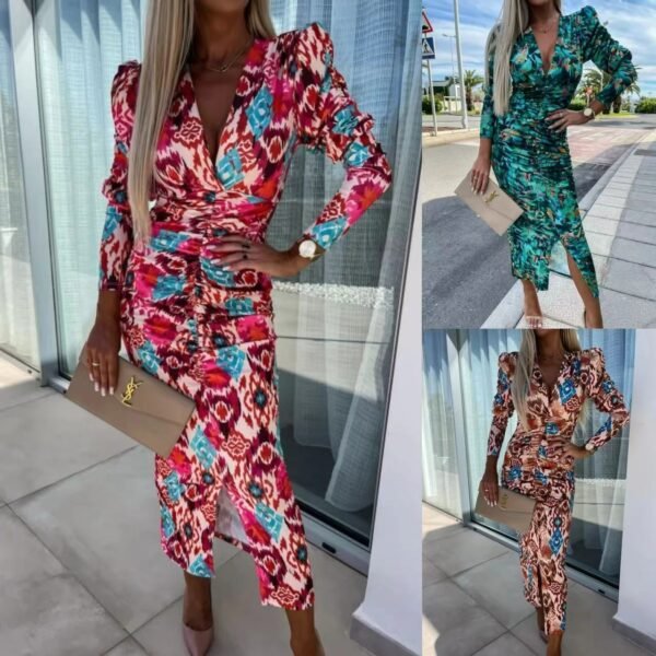 Elegant V-Neck Puff Sleeve Dress for Women – High Waist Slimming Fit with Slit