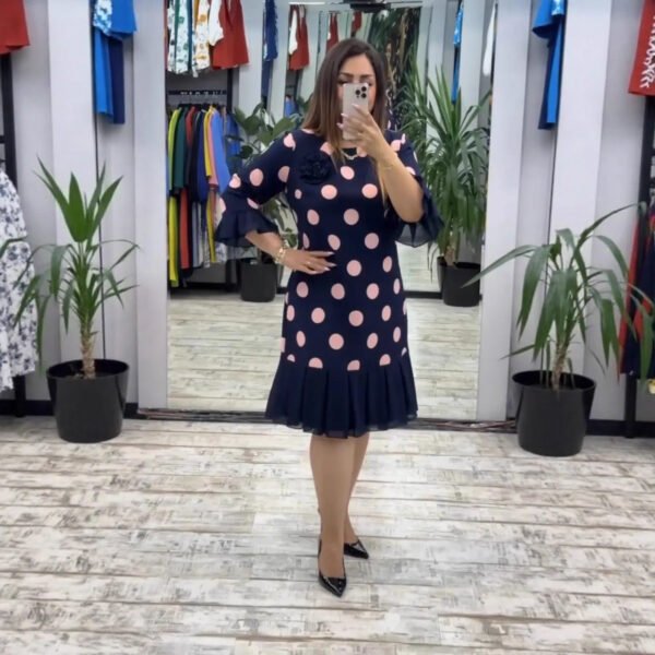 Vintage-Inspired Women's Polka Dot Pleated Midi Dress with Seam Accents