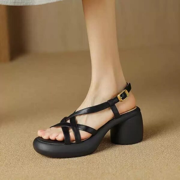 Vintage-Inspired Soft Leather Open Toe Sandals for Women – Chunky Heel & Platform Design