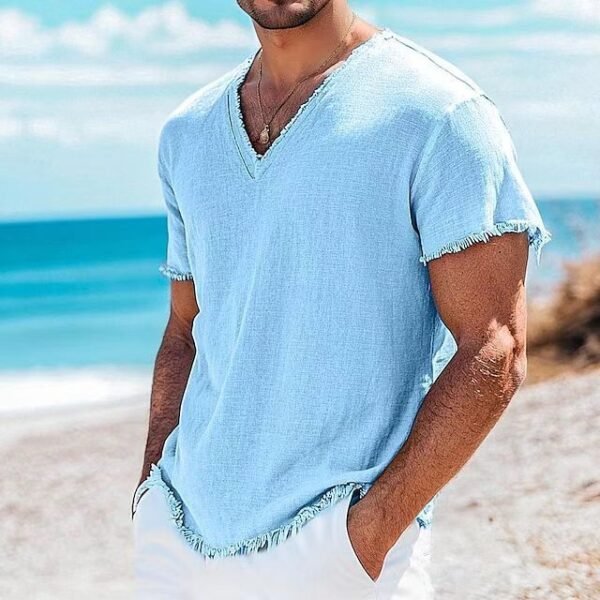 Men’s Solid Color Cotton Linen Shirt – Lightweight Short Sleeve Summer Wear