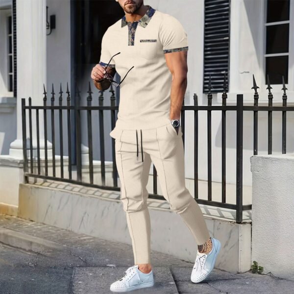 Men's Waffle Lapel Suit with Short Sleeves and Matching Trousers - Stylish Pocket Design
