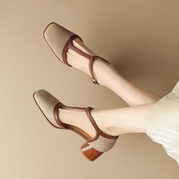 Retro Summer Chunky Heel Sandals for Women – Color Block Design with Cutouts