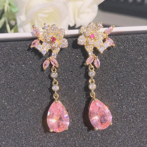 Women's 3D Rose Drop Earrings with Teardrop Gemstone – Floral Statement Jewelry