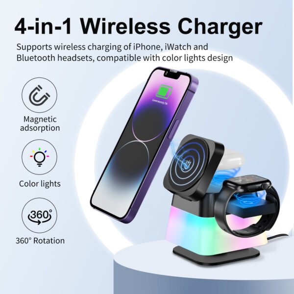 4-in-1 Wireless Charging Station with Rotating Stand & Colorful LED Light – Magnetic Fast Charger for iPhone 15, 14, 13, 12, Pro Max, 8, 7