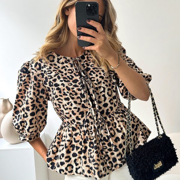 Fashionable Lace-Up Puff Sleeve Blouse for Women – Printed Design
