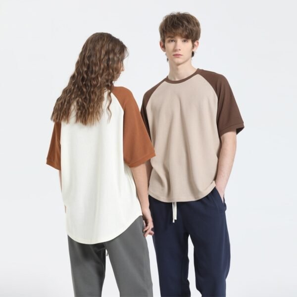 Casual Plus Size Short Sleeve Shirt – Waffle Texture with Color Block Design