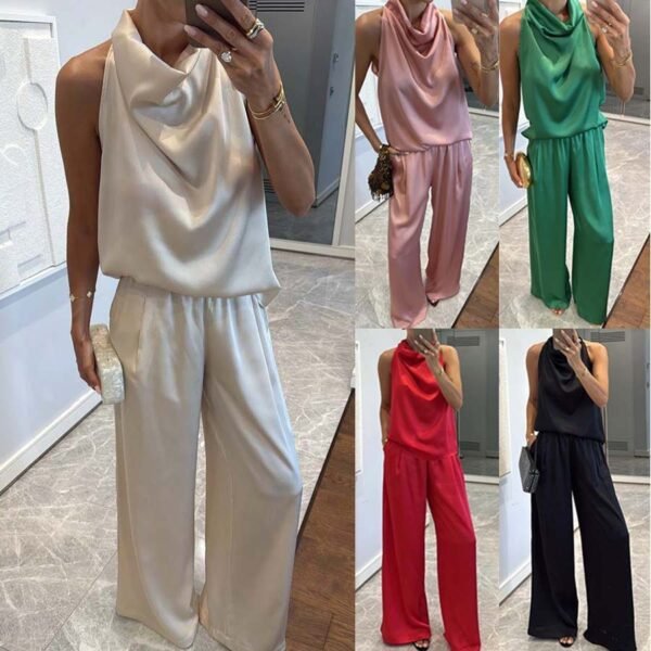 Trendy Satin Two-Piece Lounge Set for Women – Flowy Pants & Sleeveless Top